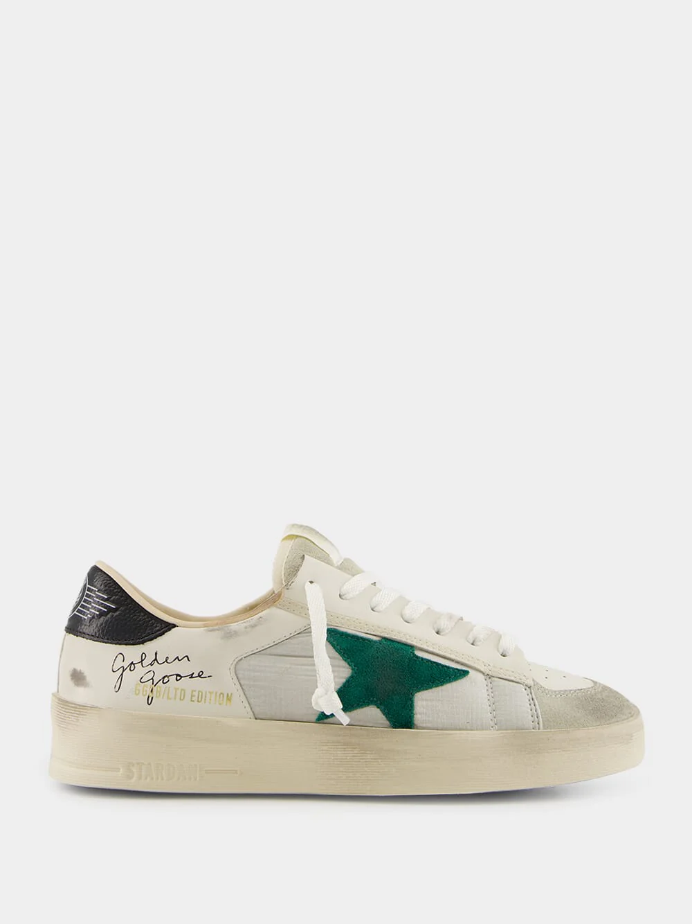 White and Green Nylon Star Sneakers with Leather Heel