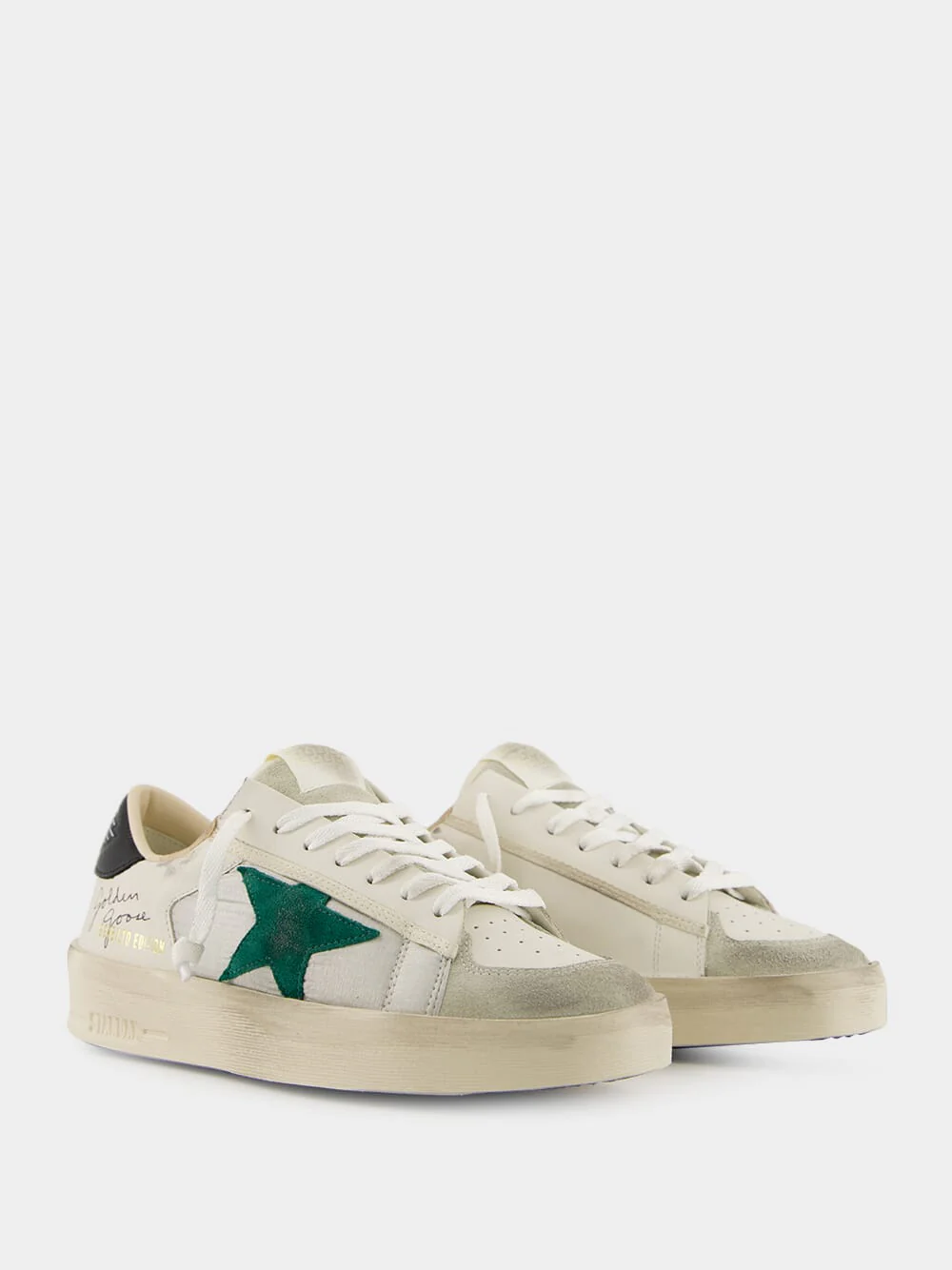 White and Green Nylon Star Sneakers with Leather Heel - Image 3