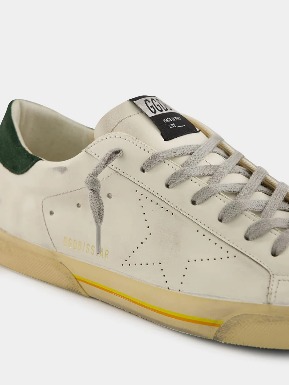 White Superstar Sneakers with Green Suede Heel - Image 6