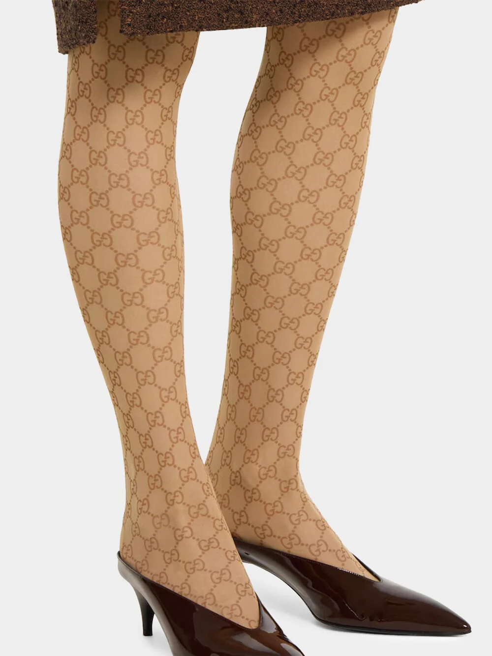 Beige GG Print Stretch Nylon Tights - Image 3