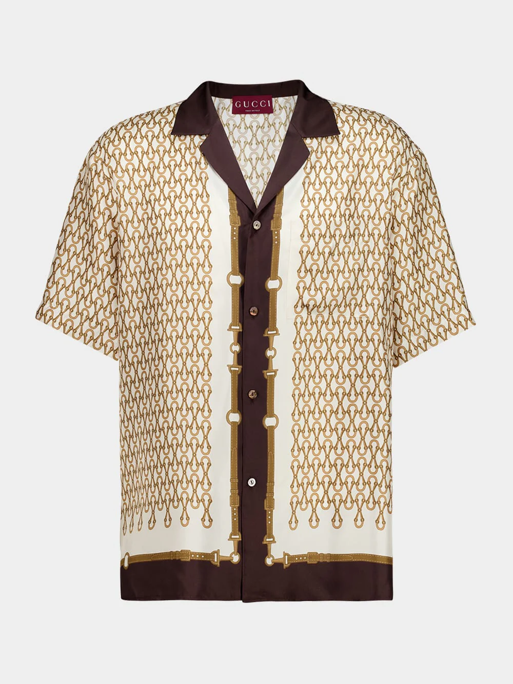 Beige Printed Silk Twill Bowling Shirt
