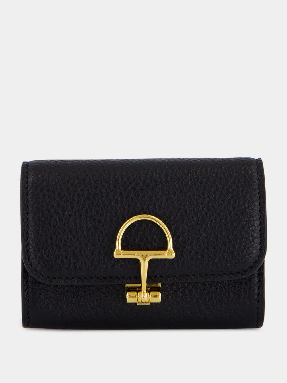 Black Calfskin Horsebit Card Case with Gold Hardware