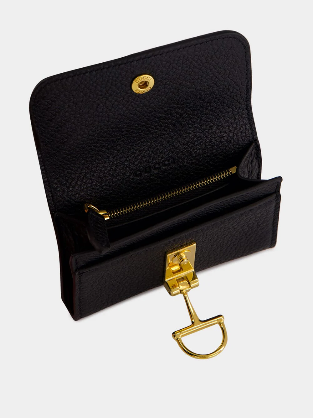 Black Calfskin Horsebit Card Case with Gold Hardware - Image 2