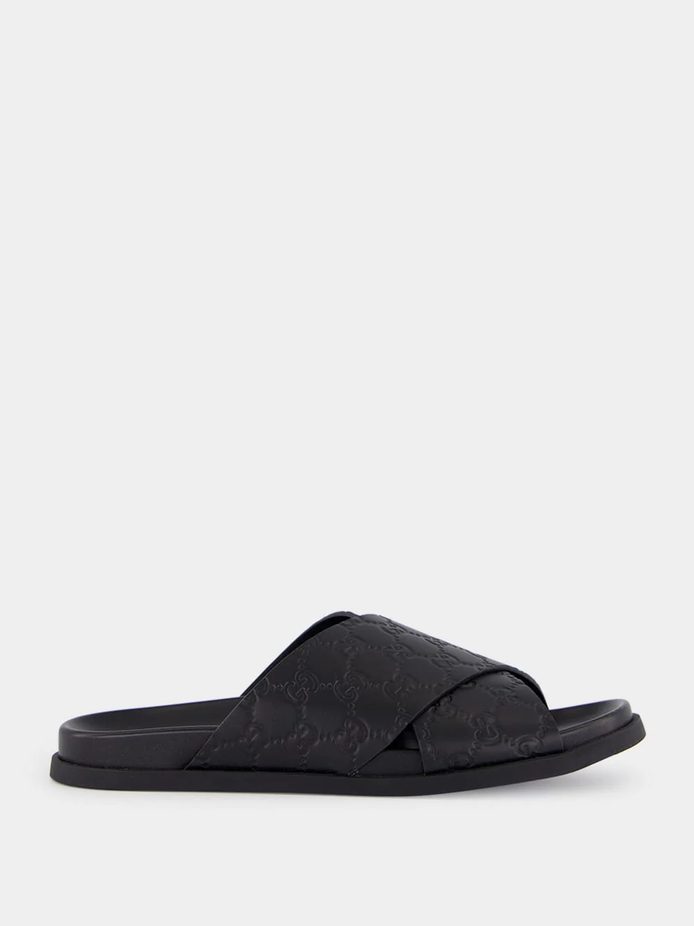 Black GG Embossed Leather Slides