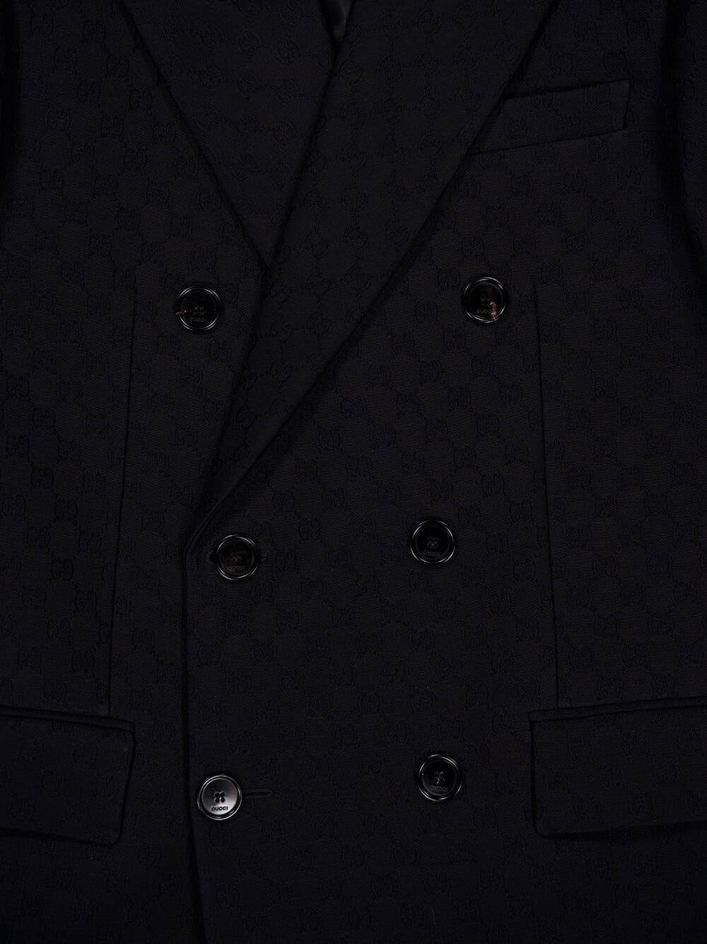 Black GG Silk Wool Crêpe Double-Breasted Coat - Image 3