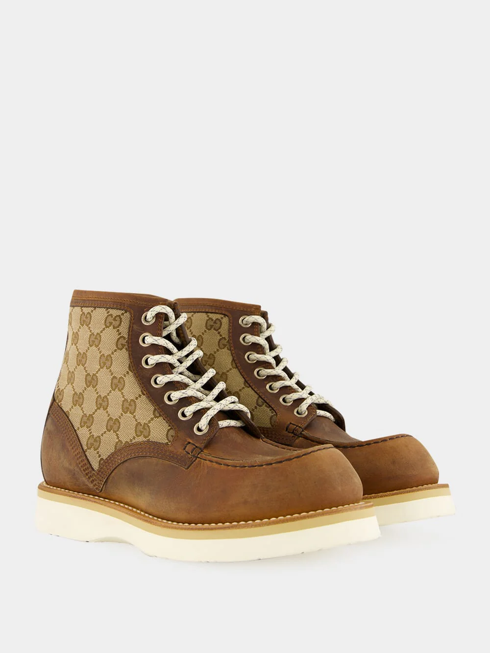 Brown Leather Ankle Boot with GG Canvas Insert - Image 3