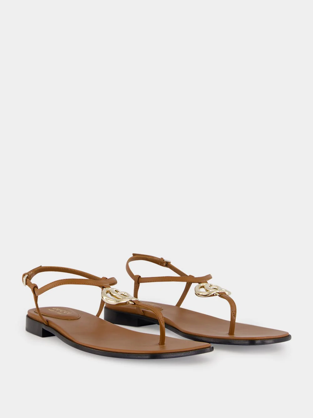 Brown Leather Flat Sandals with Interlocking G - Image 3