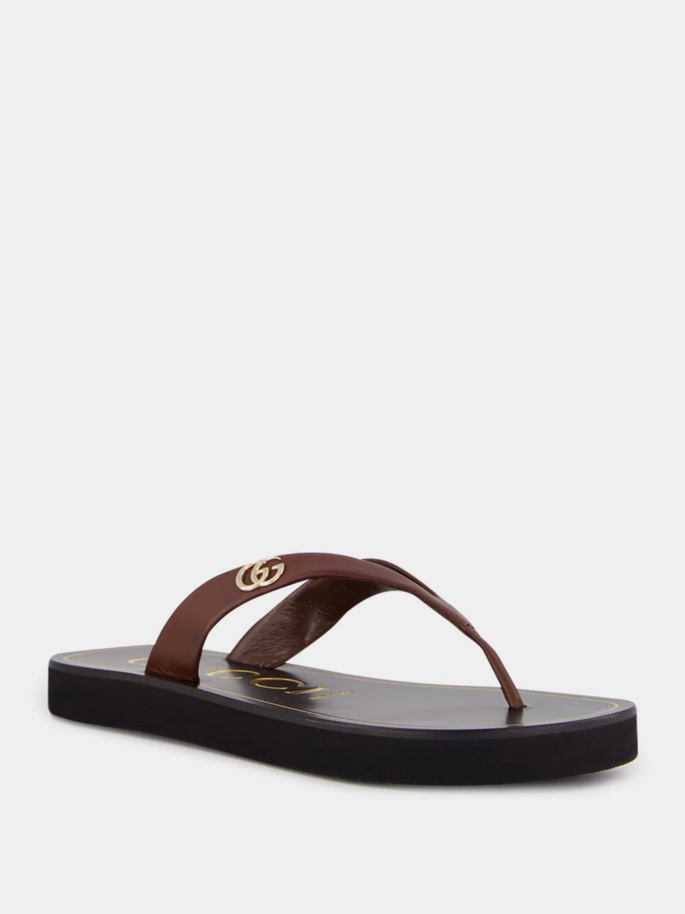 Brown Leather Flat Sandals with Interlocking G - Image 2