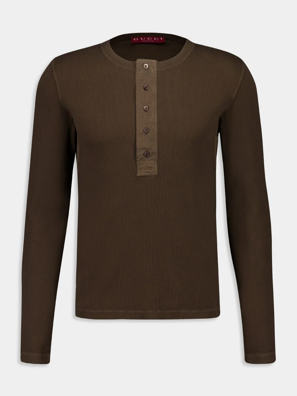Brown Rib Cotton Long-Sleeve Top with Embroidery