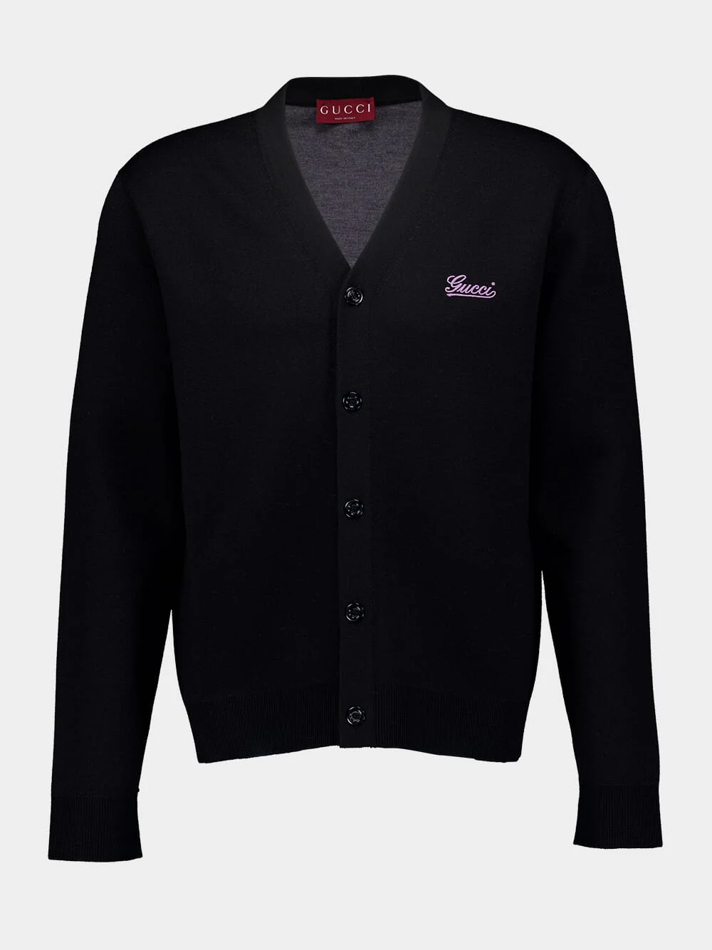 Black Double Wool Cardigan with Embroidery