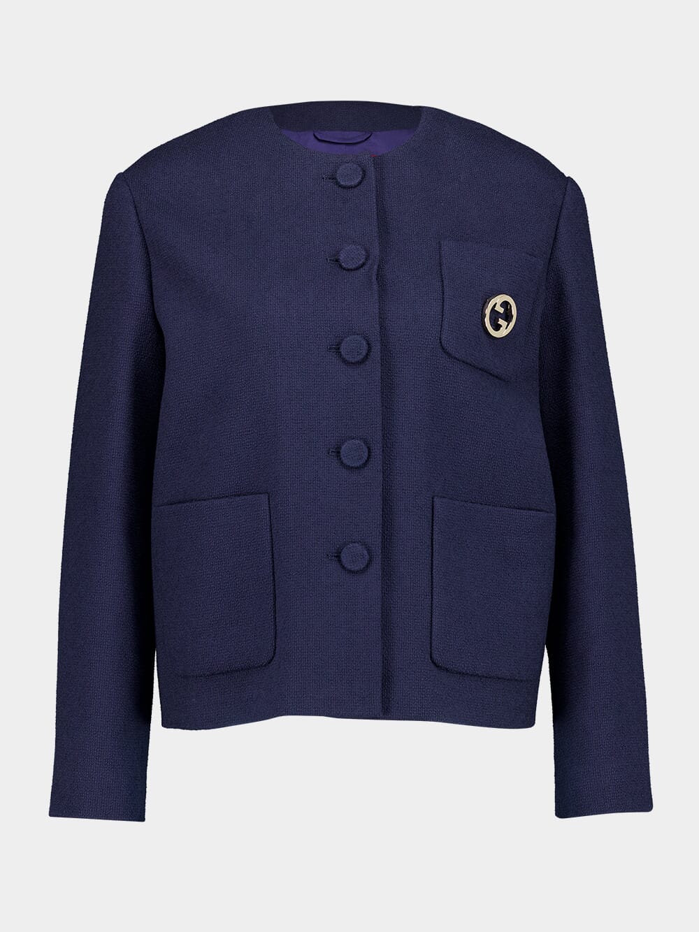Dark Blue Cotton Tweed Jacket with Brooch