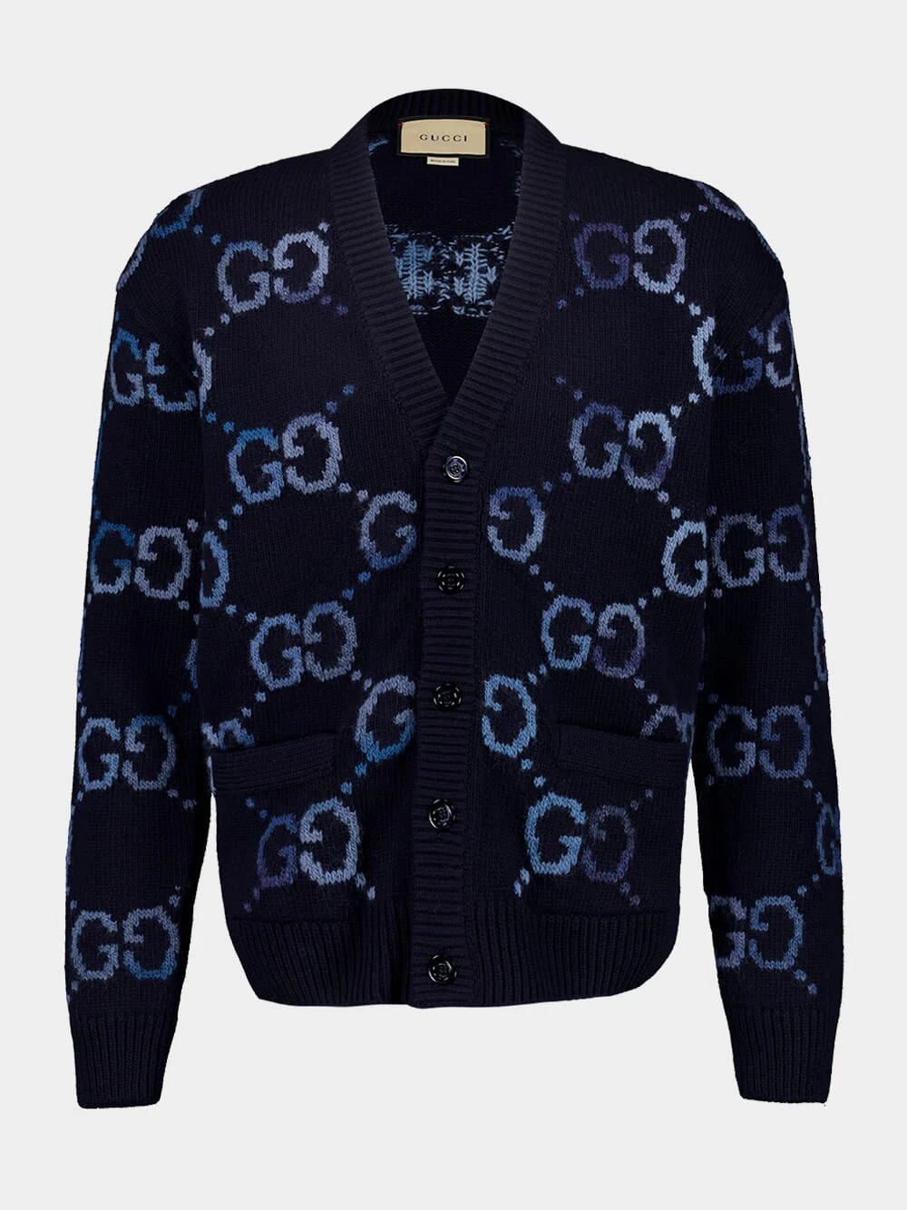 Navy Wool GG Intarsia Cardigan