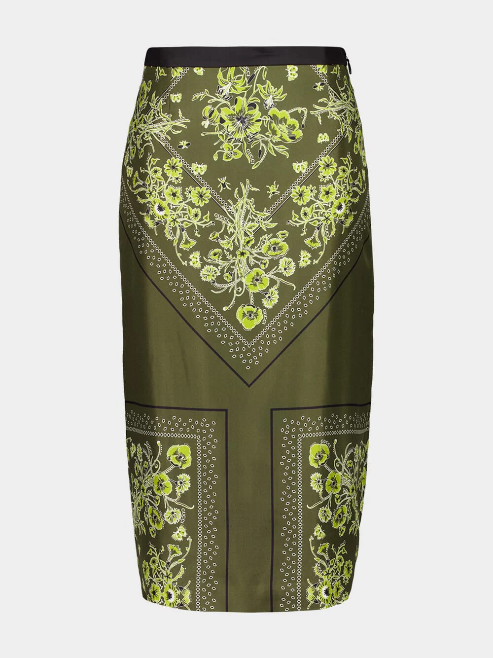 Forest Green Floral Bandana Silk Midi Skirt