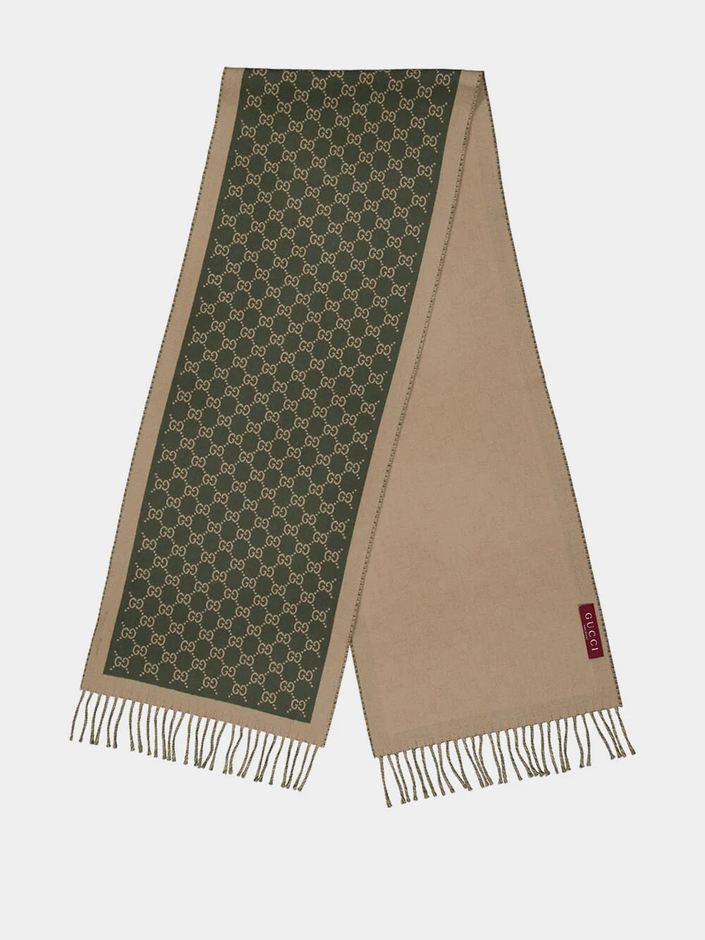 Olive Green and Beige GG Wool Scarf
