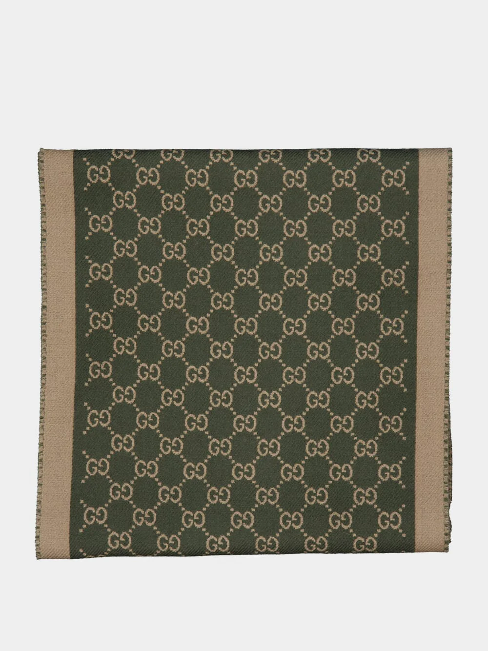 Olive Green and Beige GG Wool Scarf - Image 2