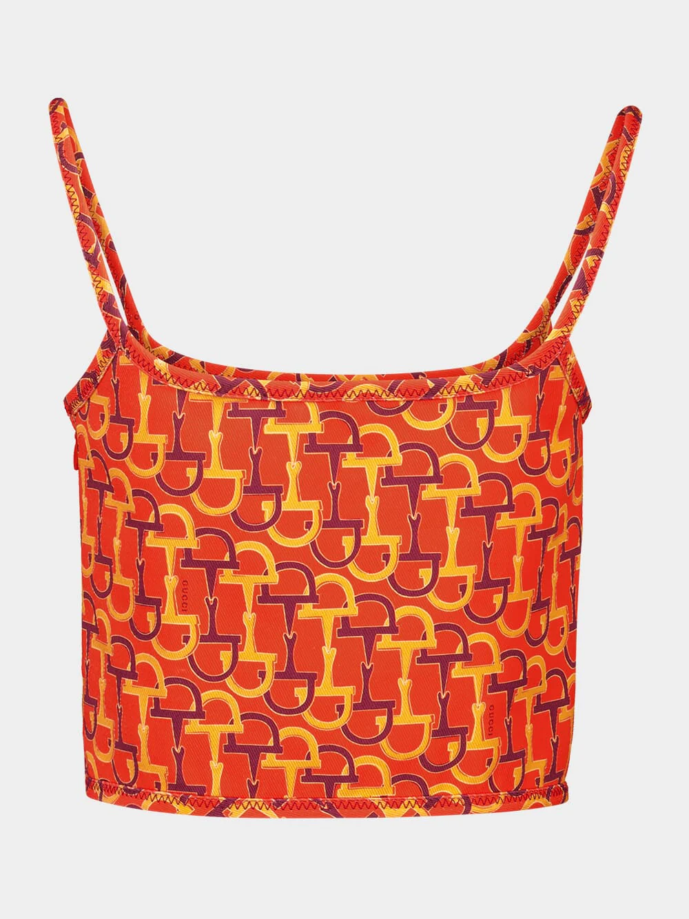 Orange Printed Silk Crop Top with Horsebit Motif - Image 2