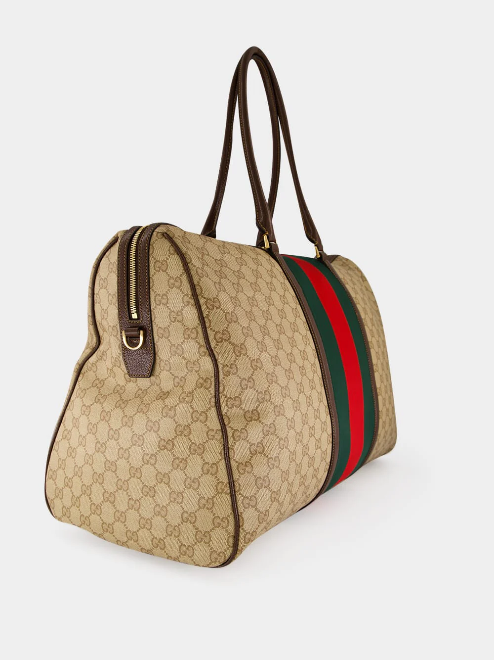 Sand and Brown Medium GG Duffle Bag with Web - Image 2