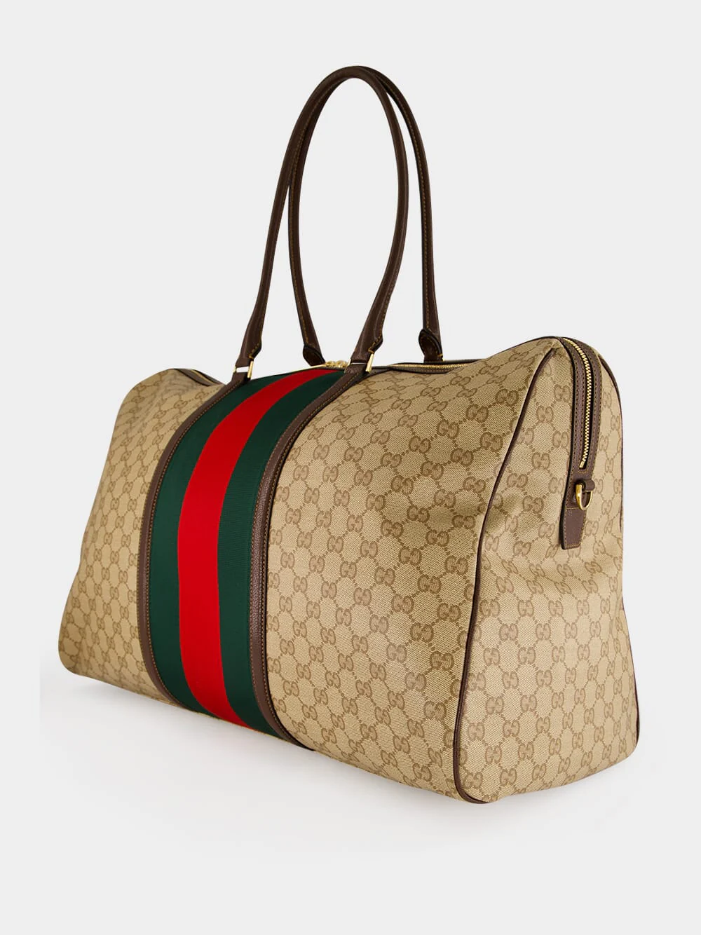 Sand and Brown Medium GG Duffle Bag with Web - Image 4
