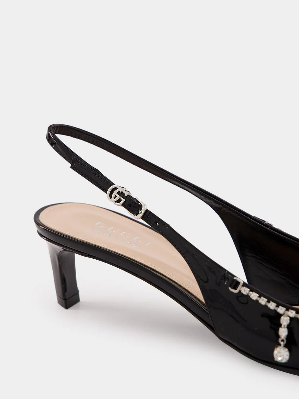 Black Patent Leather Pumps with Crystal Chain - Image 6