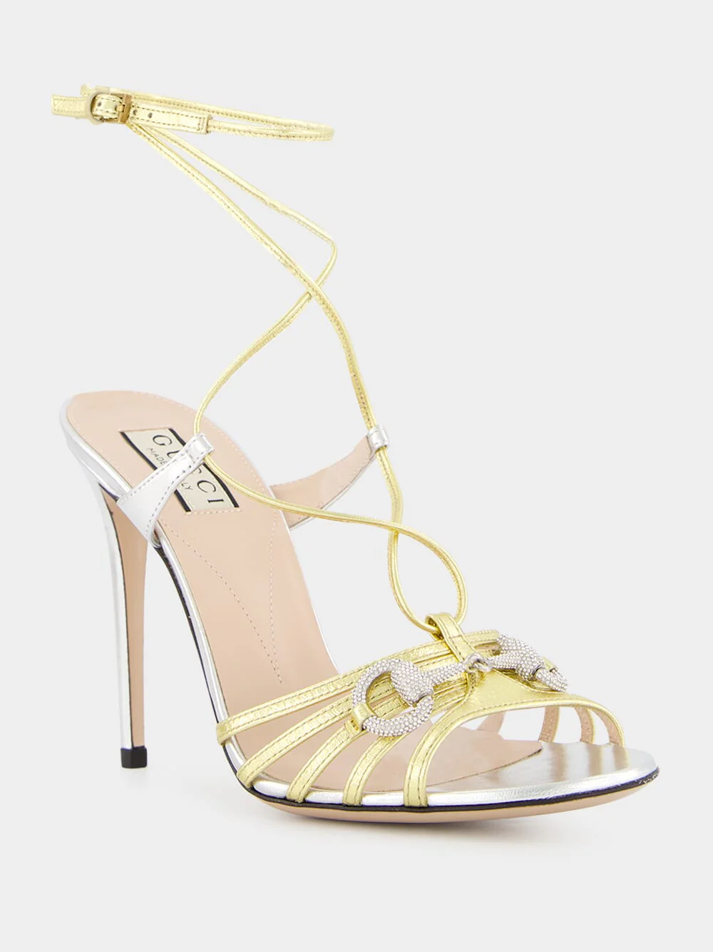 Metallic Silver and Gold Crystal 105mm Sandals - Image 2