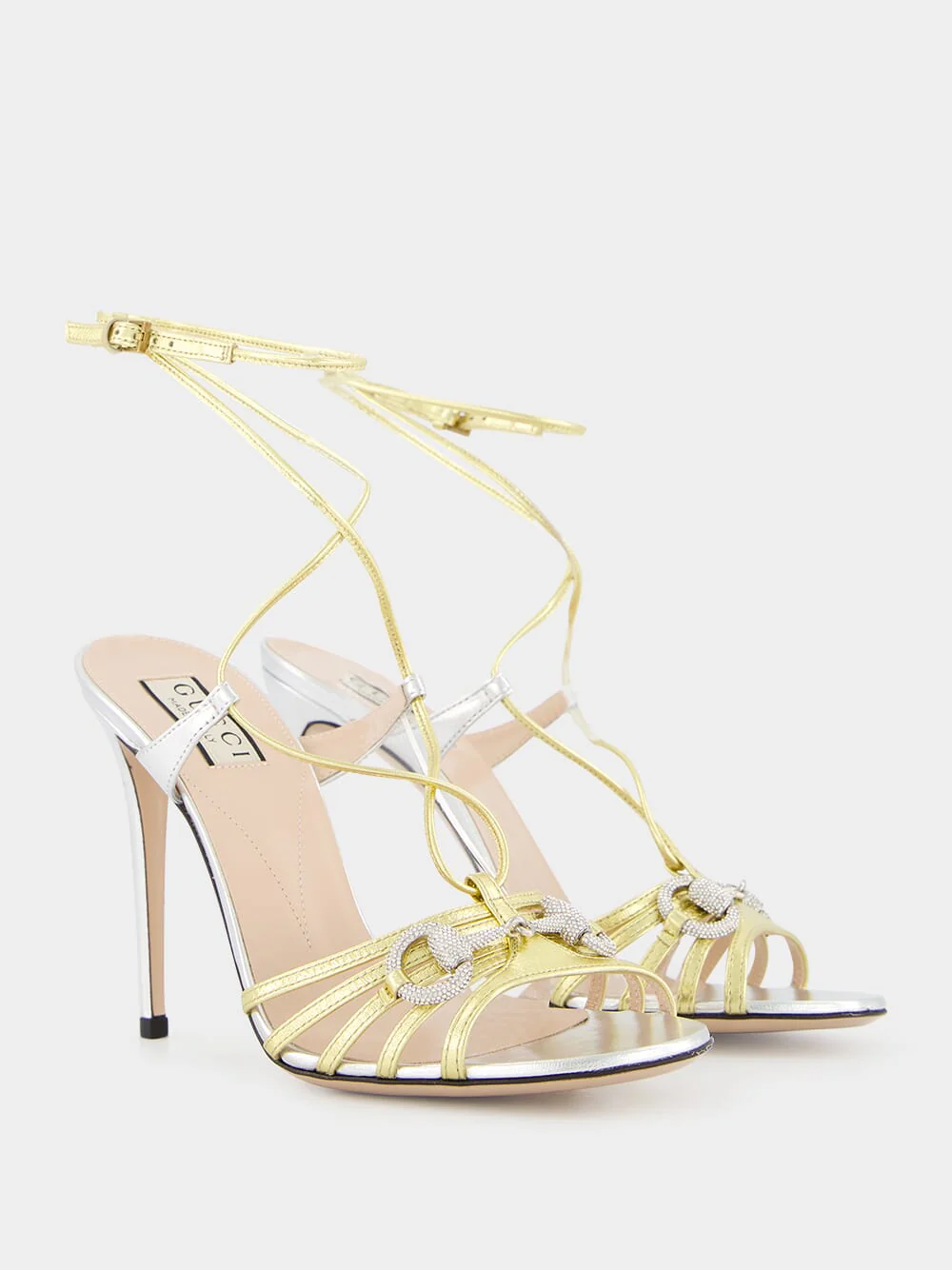 Metallic Silver and Gold Crystal 105mm Sandals - Image 3