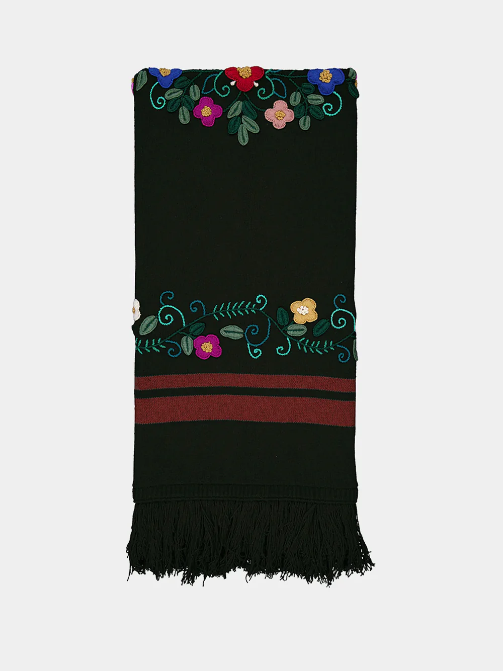 Hand-Embroidered Frésia Dark Green Wool Blanket - Image 2