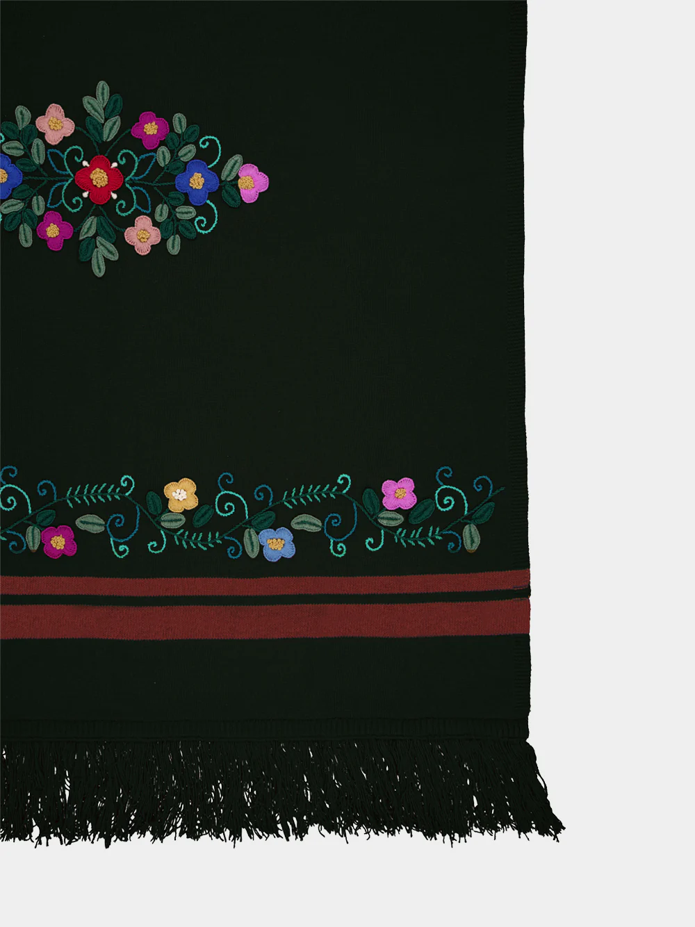 Hand-Embroidered Frésia Dark Green Wool Blanket - Image 3