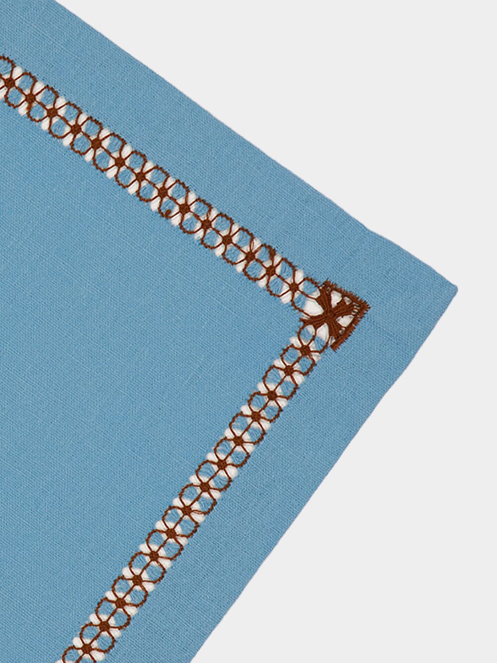 Hand-Embroidered Maria Turquoise Linen with Brown Embroidery Napkin - Image 2