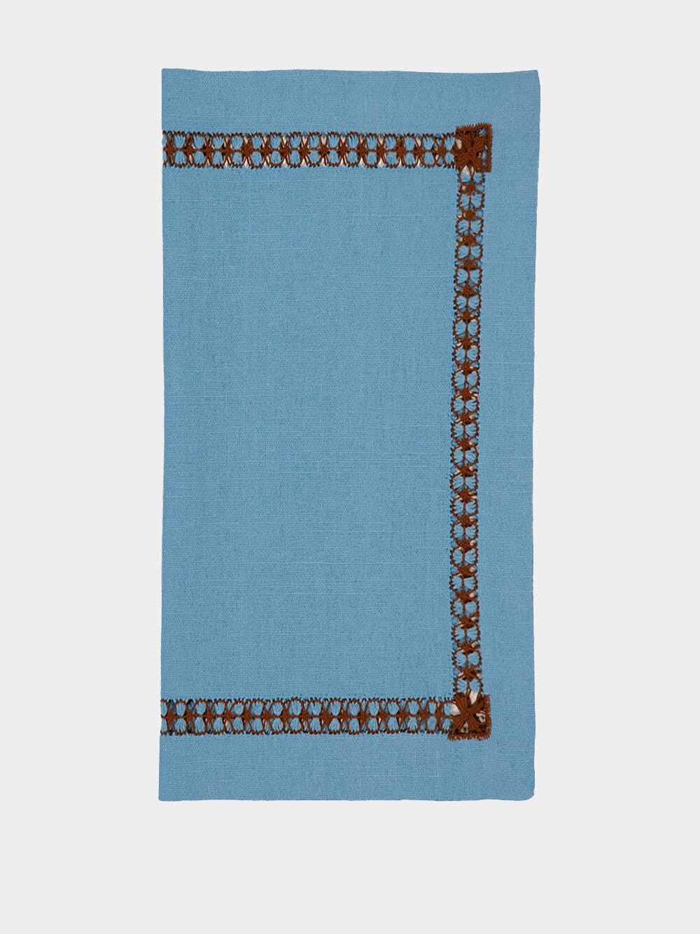 Hand-Embroidered Maria Turquoise Linen with Brown Embroidery Napkin - Image 3