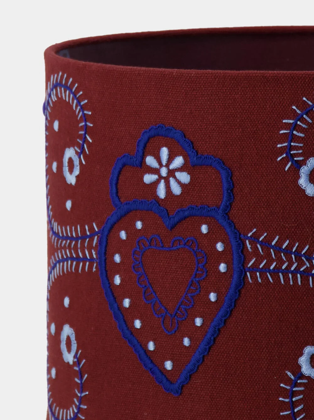 Hand-Embroidered Viana Bordeaux Linen With Blue Embroidery Lampshade - Image 4