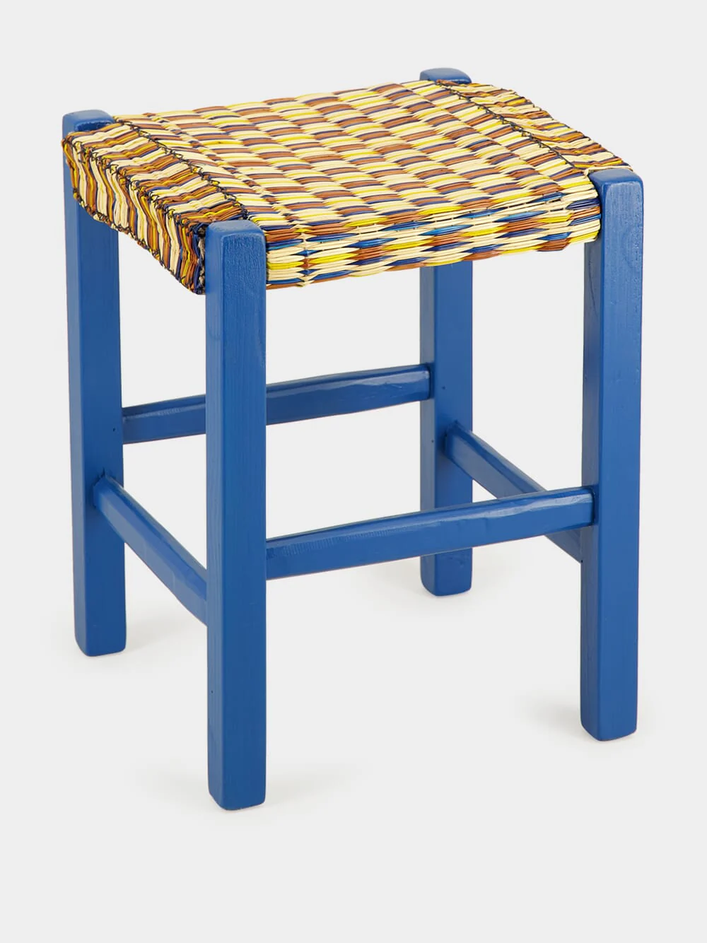 Handmade Coruche Blue Wood and Multicoloured Reed Stool - Image 2
