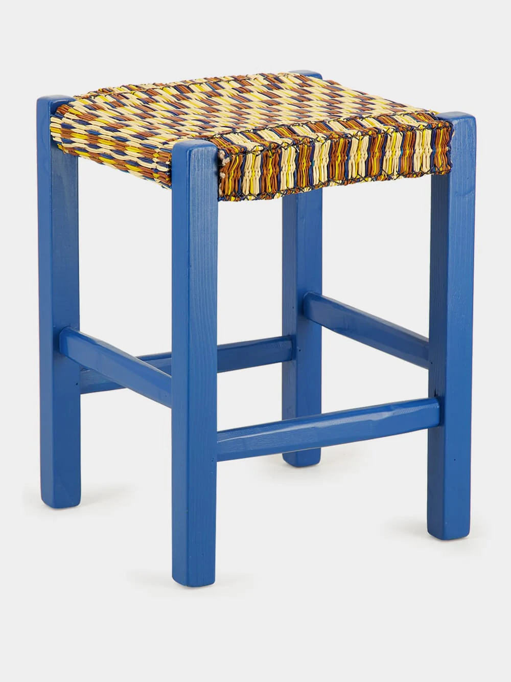 Handmade Coruche Blue Wood and Multicoloured Reed Stool - Image 3
