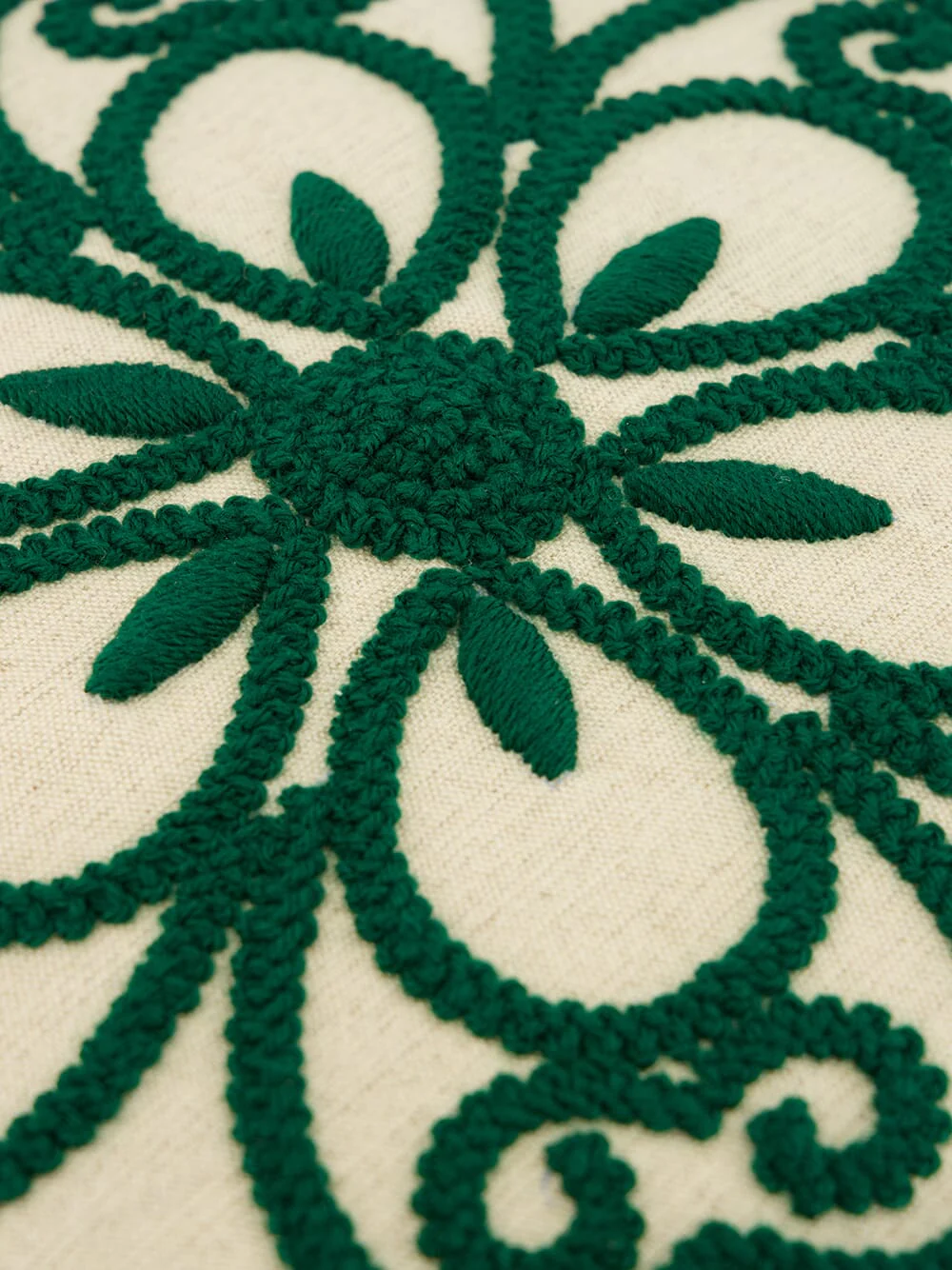 Handmade Florea Natural Linen and Dark Green Embroidered Cushion - Image 3