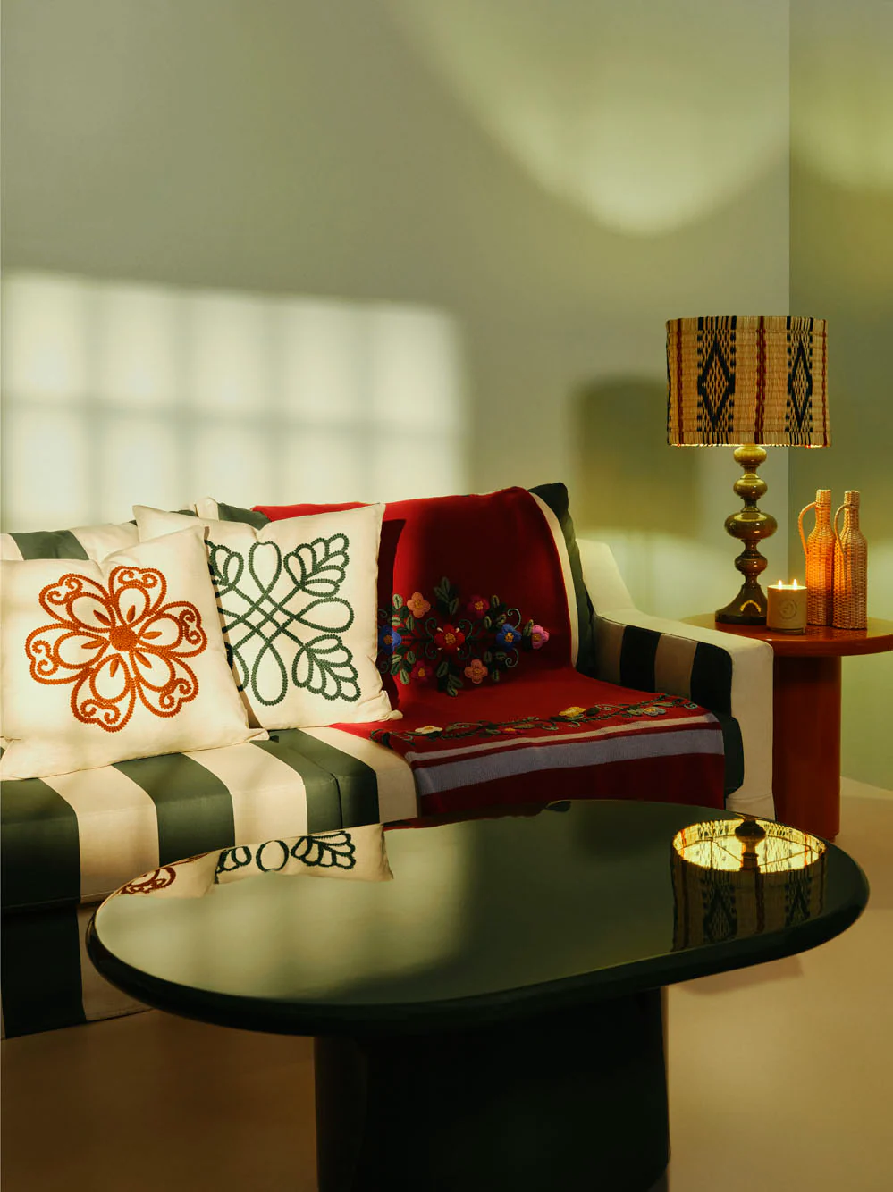 Handmade Florea Natural Linen and Dark Green Embroidered Cushion - Image 2
