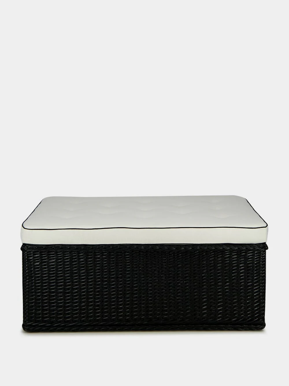Handmade Furnas Black Wicker and Ivory Linen Ottoman