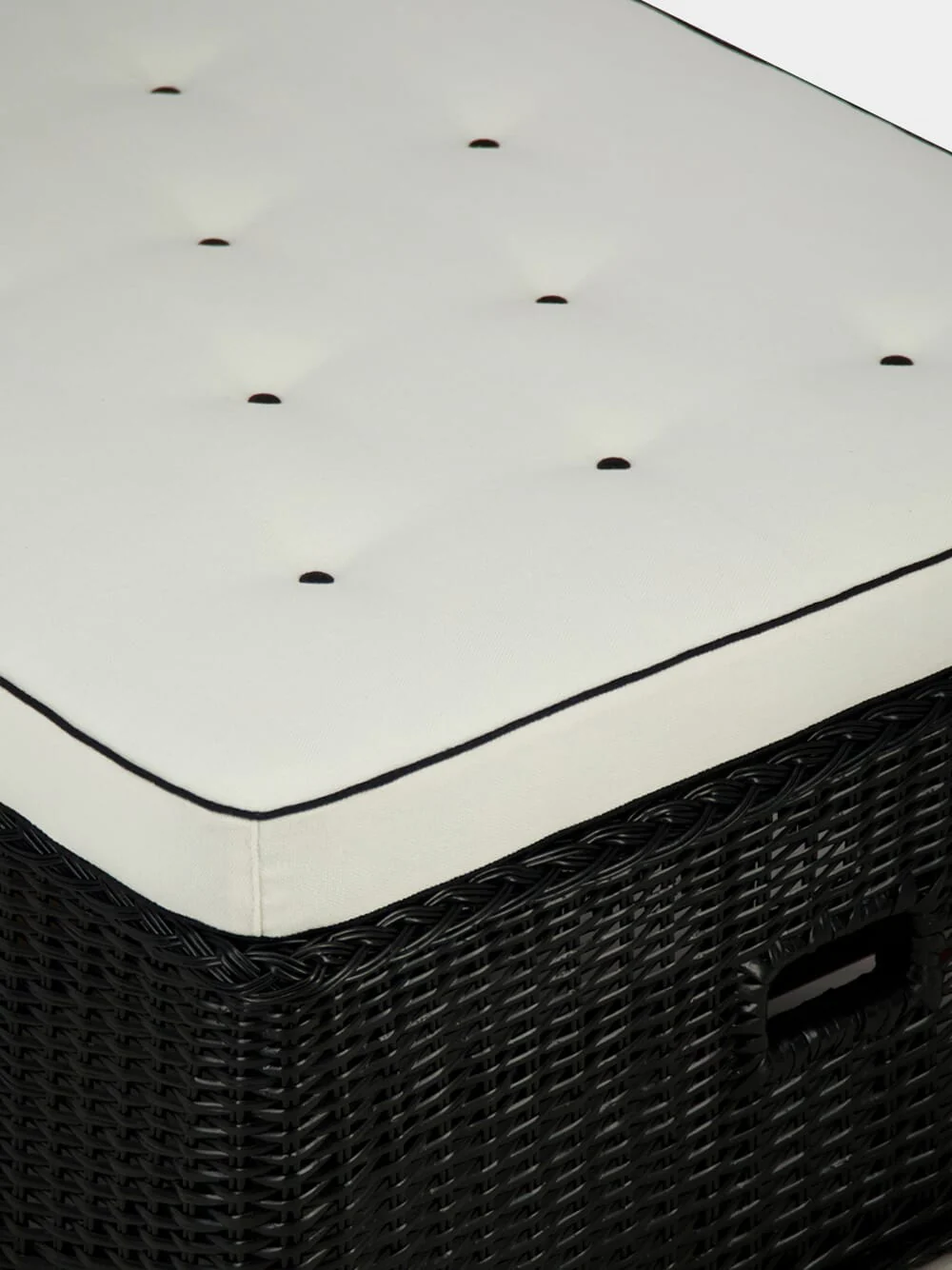 Handmade Furnas Black Wicker and Ivory Linen Ottoman - Image 3