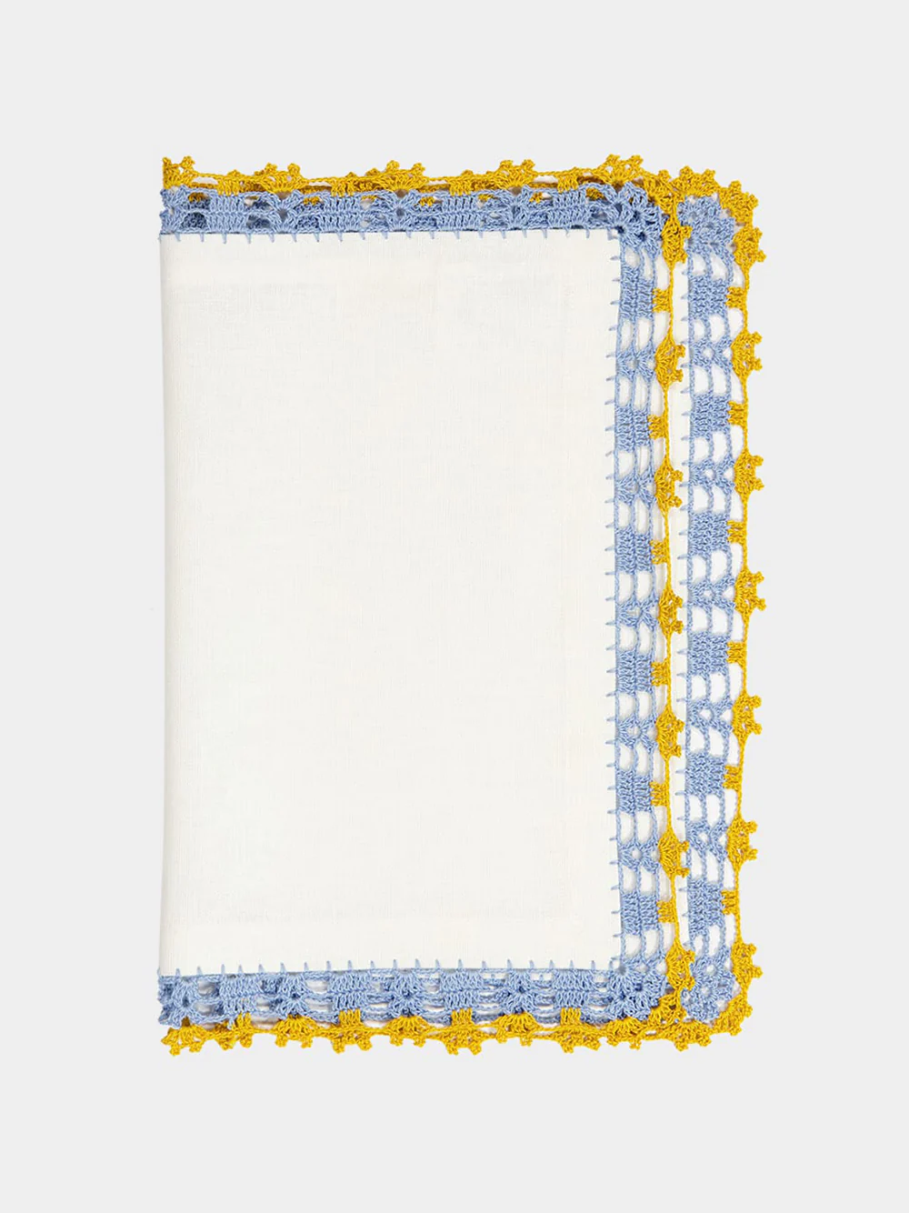 Hand-Embroidered Leonor White Linen With Blue and Yellow Crochet Placemat - Image 2