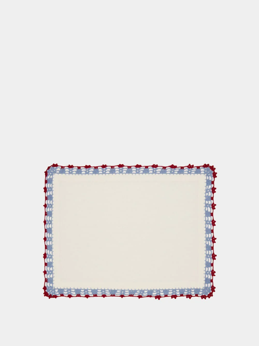 Hand-Embroidered Leonor White Linen with Blue and Bordeaux Crochet Placemat