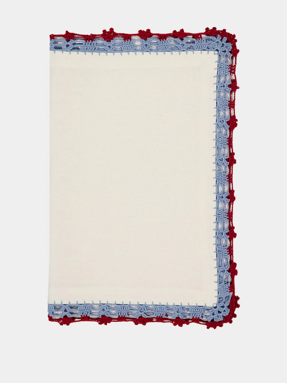 Hand-Embroidered Leonor White Linen with Blue and Bordeaux Crochet Placemat - Image 3