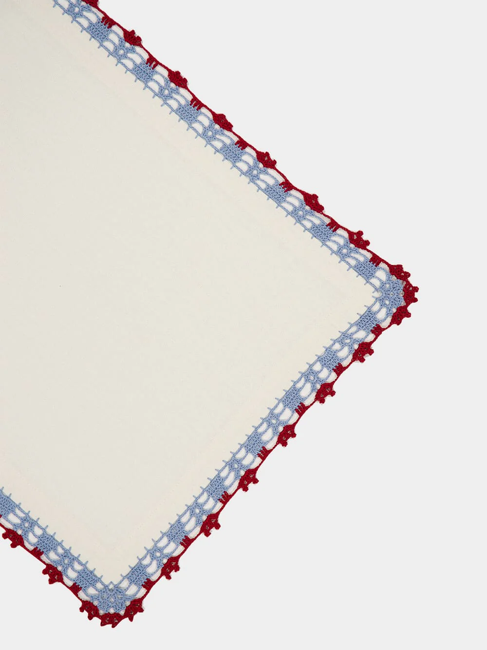 Hand-Embroidered Leonor White Linen with Blue and Bordeaux Crochet Placemat - Image 4