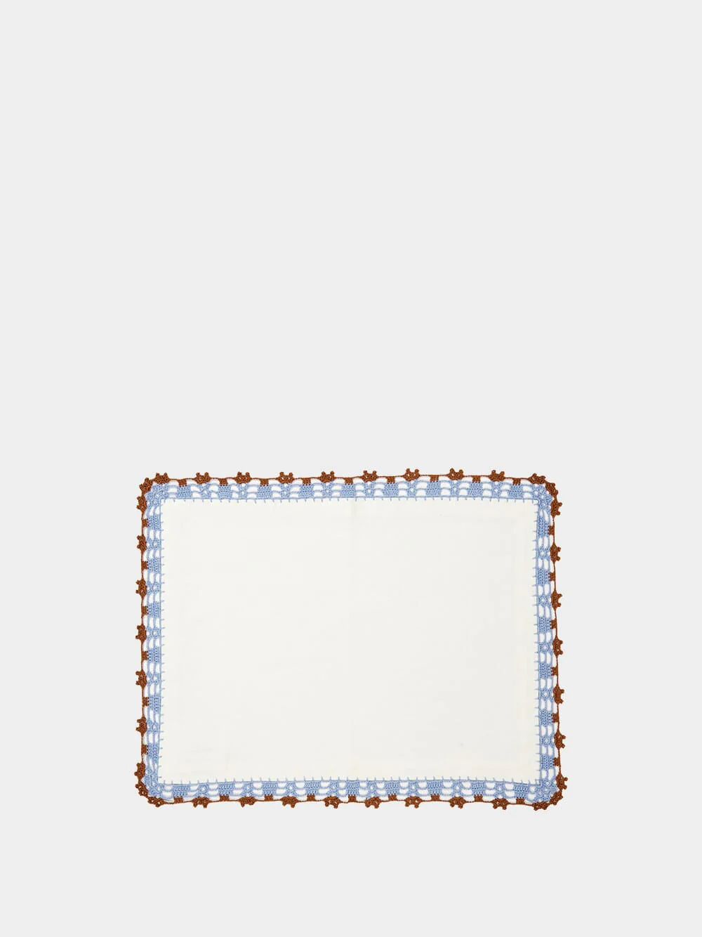 Hand-Embroidered Leonor White Linen With Blue and Brown Crochet Placemat