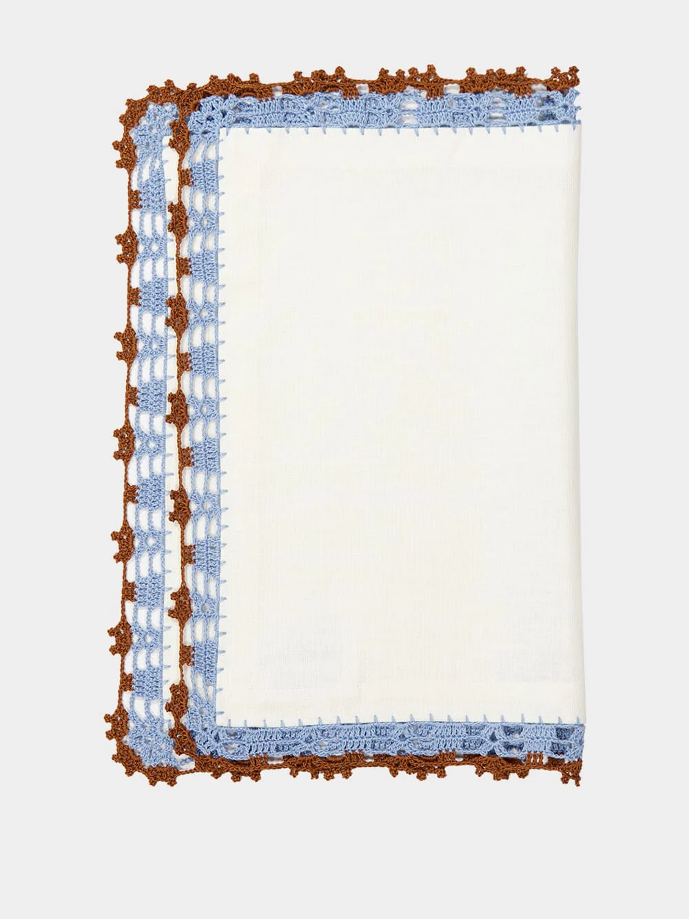 Hand-Embroidered Leonor White Linen With Blue and Brown Crochet Placemat - Image 3