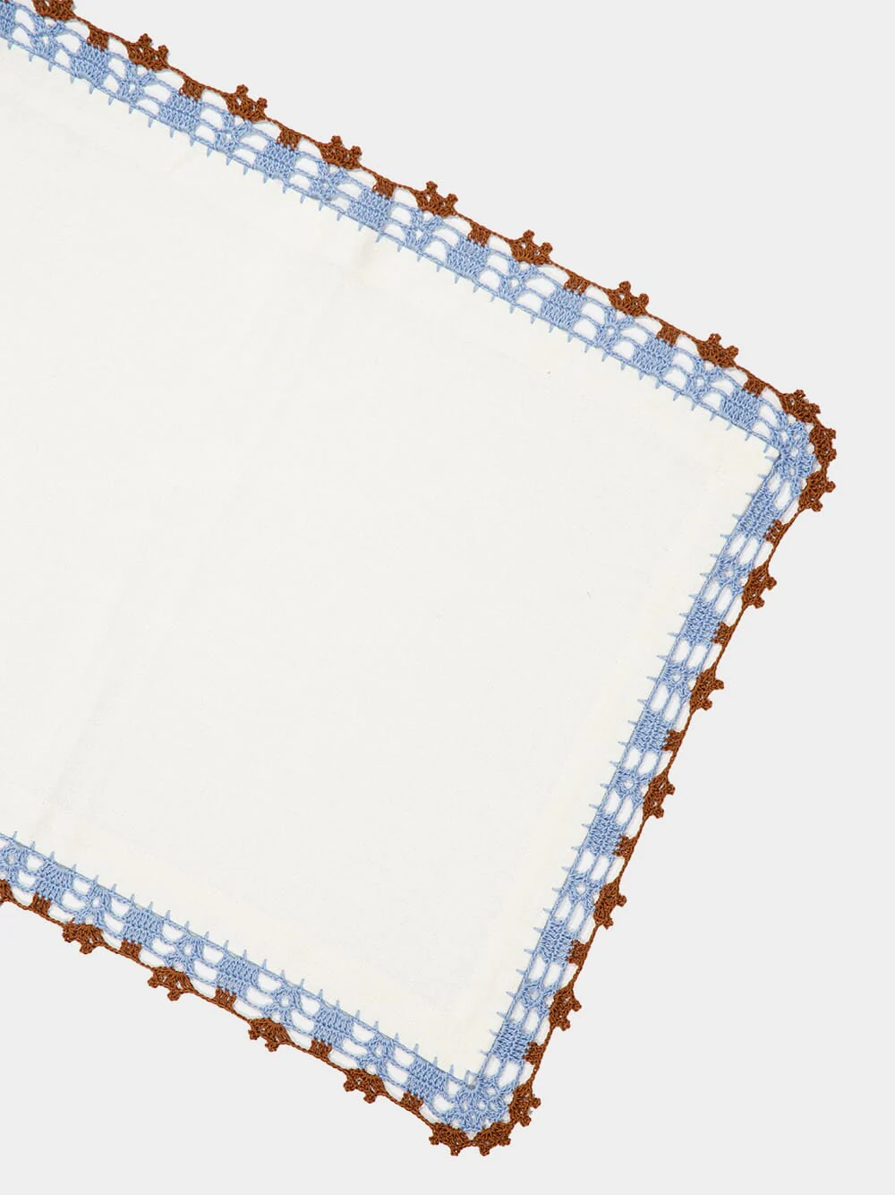 Hand-Embroidered Leonor White Linen With Blue and Brown Crochet Placemat - Image 4