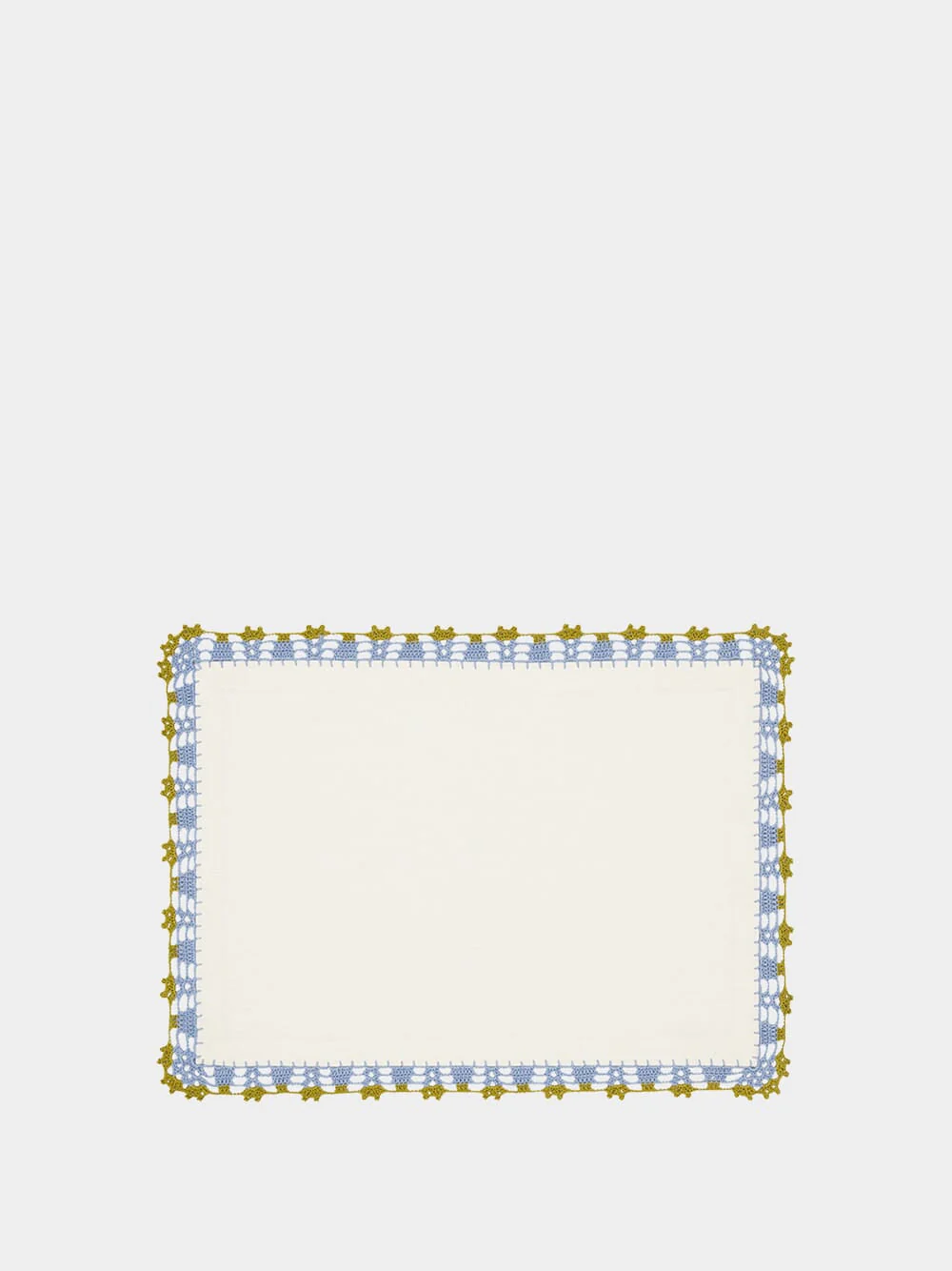 Hand-Embroidered Leonor White Linen With Blue and Green Crochet Placemat
