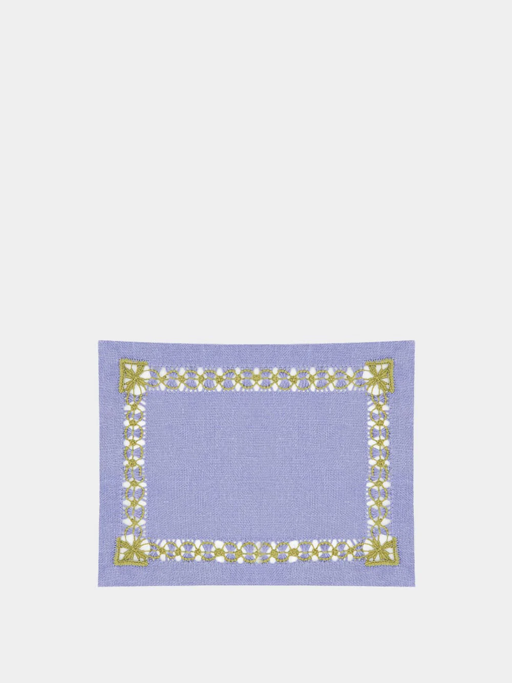 Hand-Embroidered Maria Blue Linen with Green Embroidery Cocktail Napkin