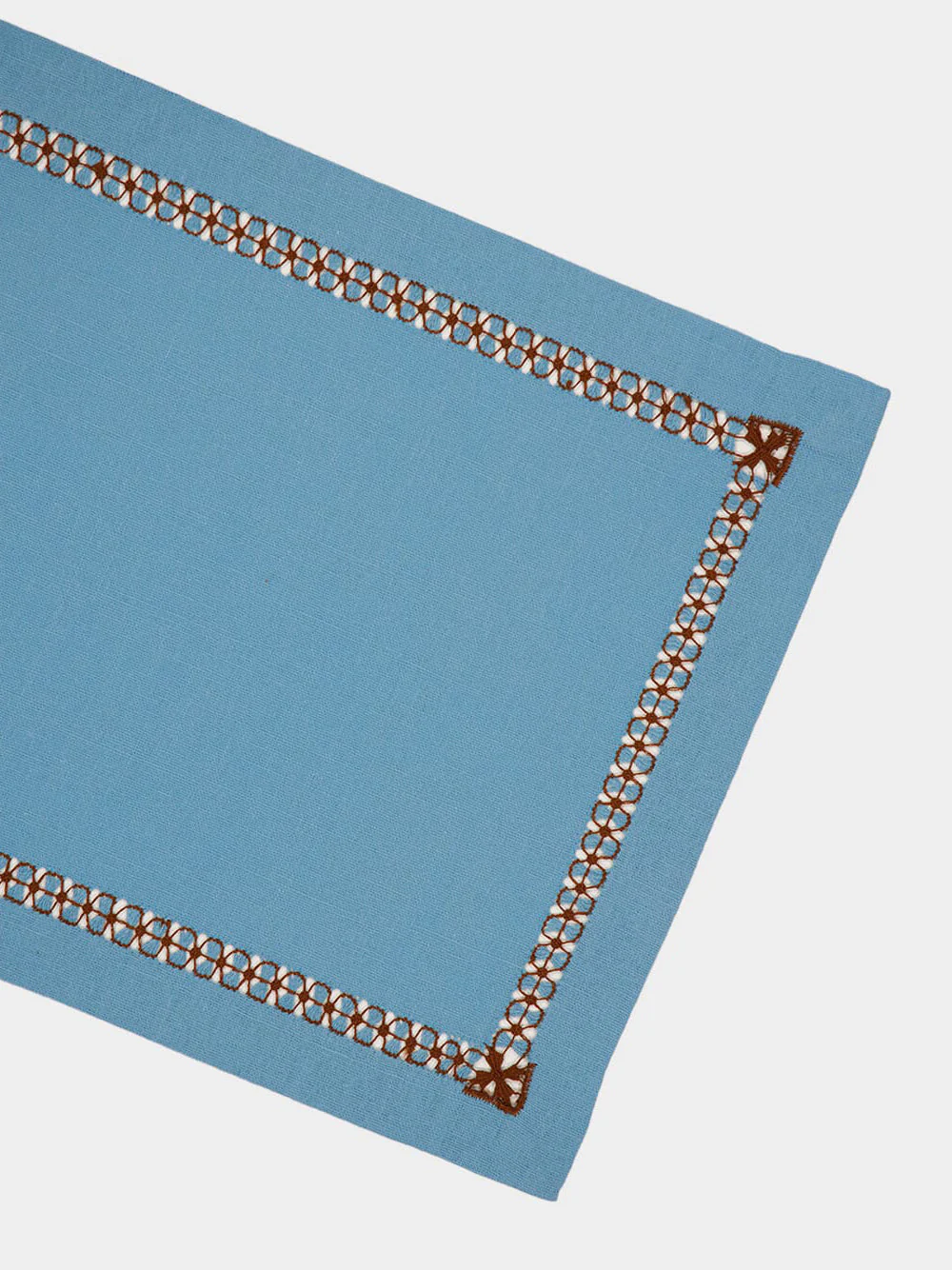 Hand-Embroidered Maria Turquoise Linen with Brown Embroidery Placemat - Image 3