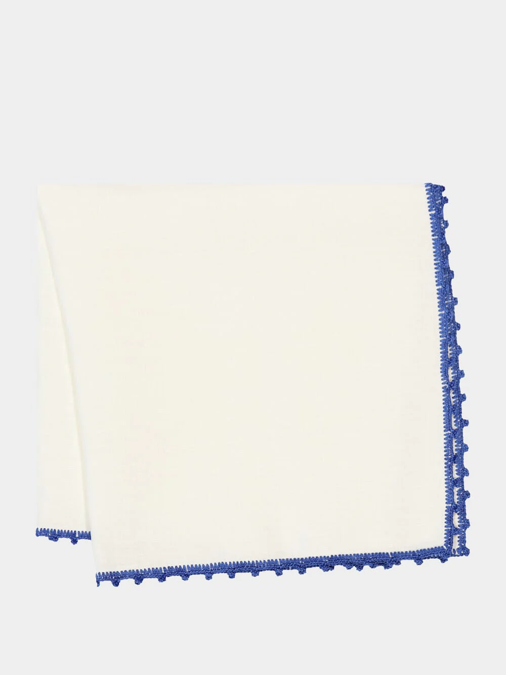 Hand-Embroidered Teresa White Linen with Blue Crochet Napkin - Image 3