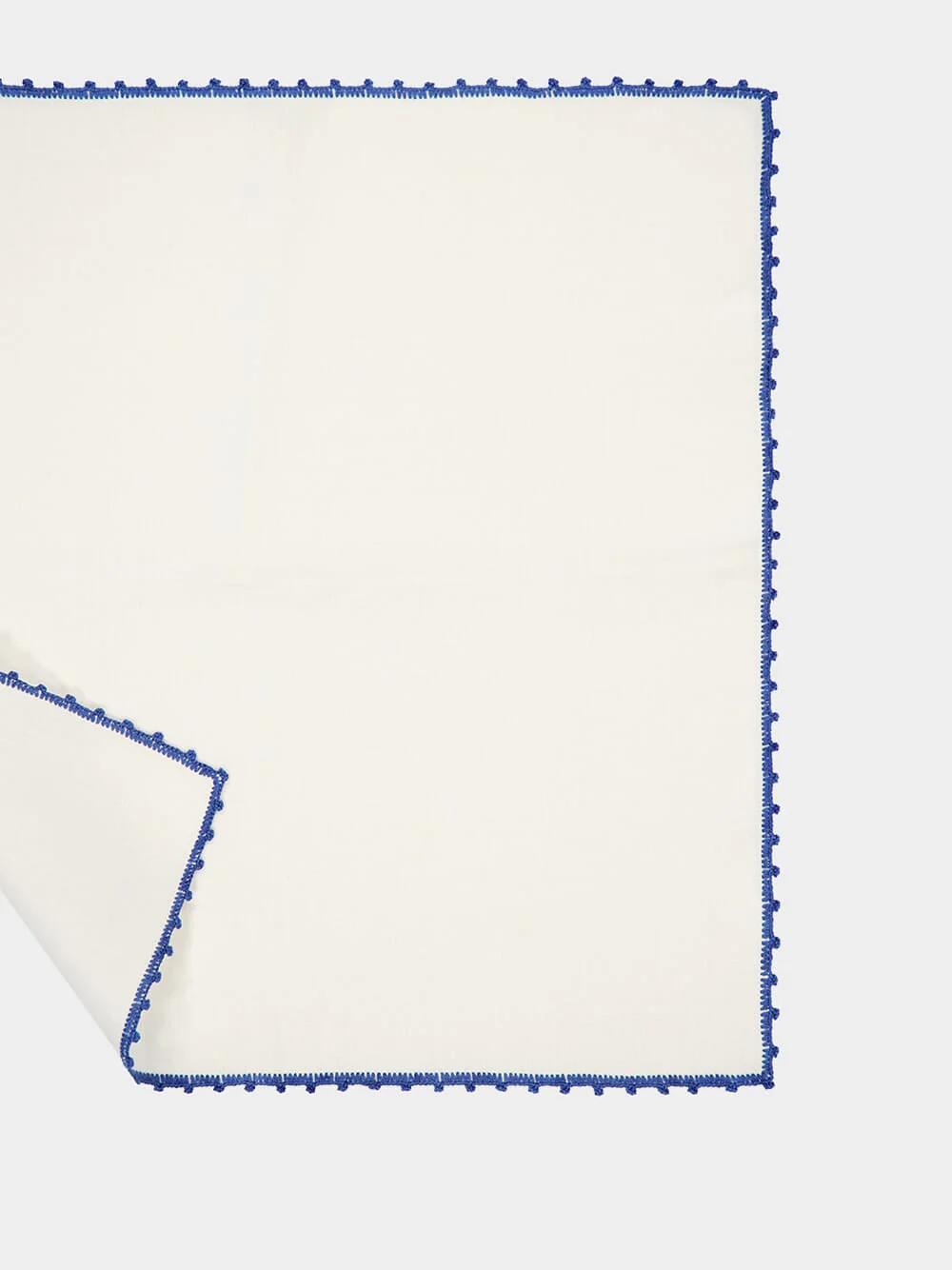 Hand-Embroidered Teresa White Linen with Blue Crochet Napkin - Image 4