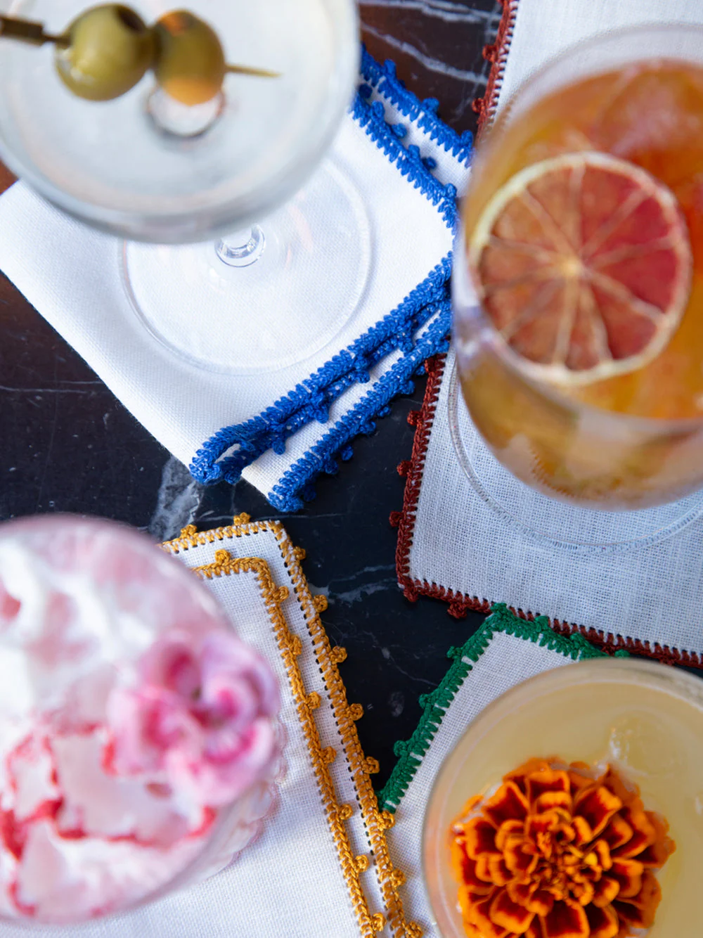 Hand-Embroidered Teresa White Linen with Brick Crochet Cocktail Napkin - Image 2