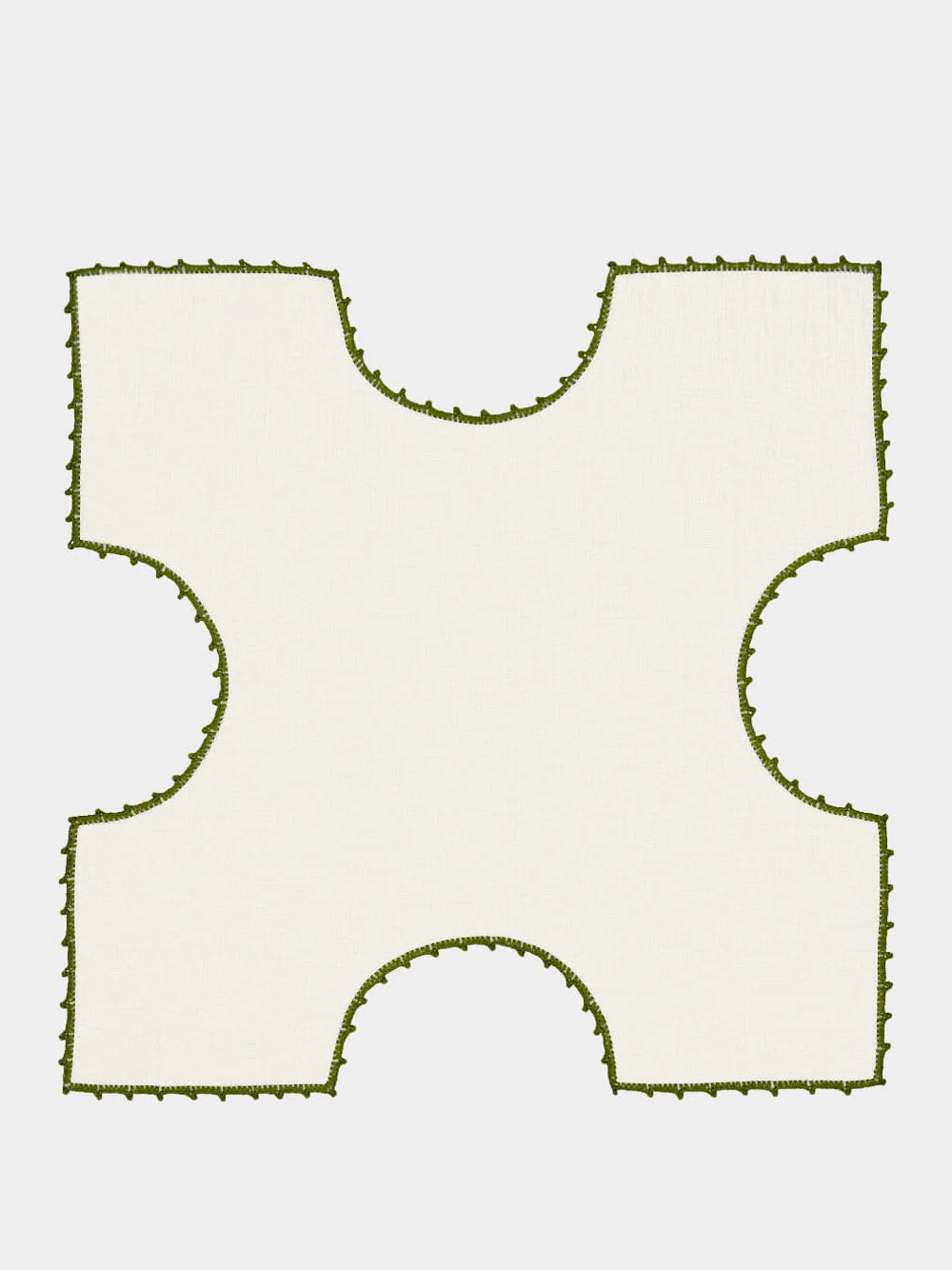 Hand-Embroidered Teresa White Linen with Dark Green Crochet Bread Basket Cloth